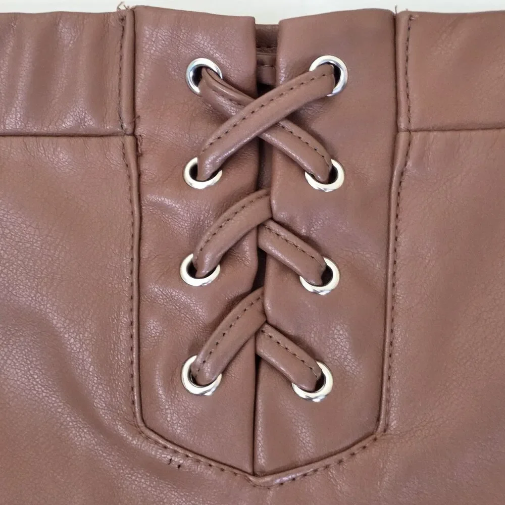 Y2K Haute Monde Brown Faux Leather Mini Skirt Lace Up Front Women Size L  NWT